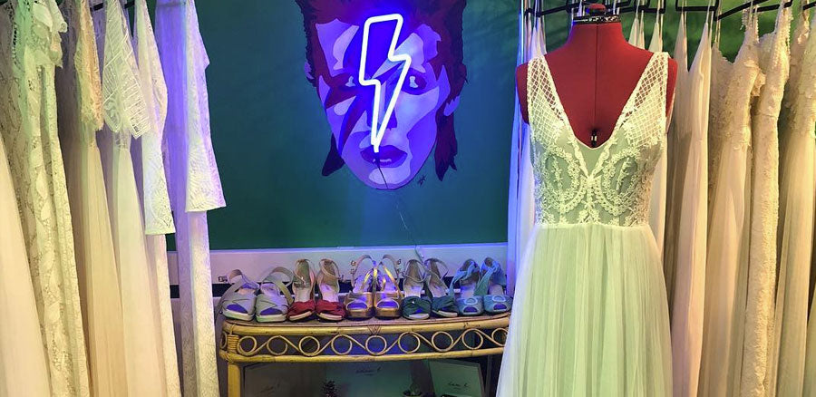 Vintage bridal shop with Bowie light