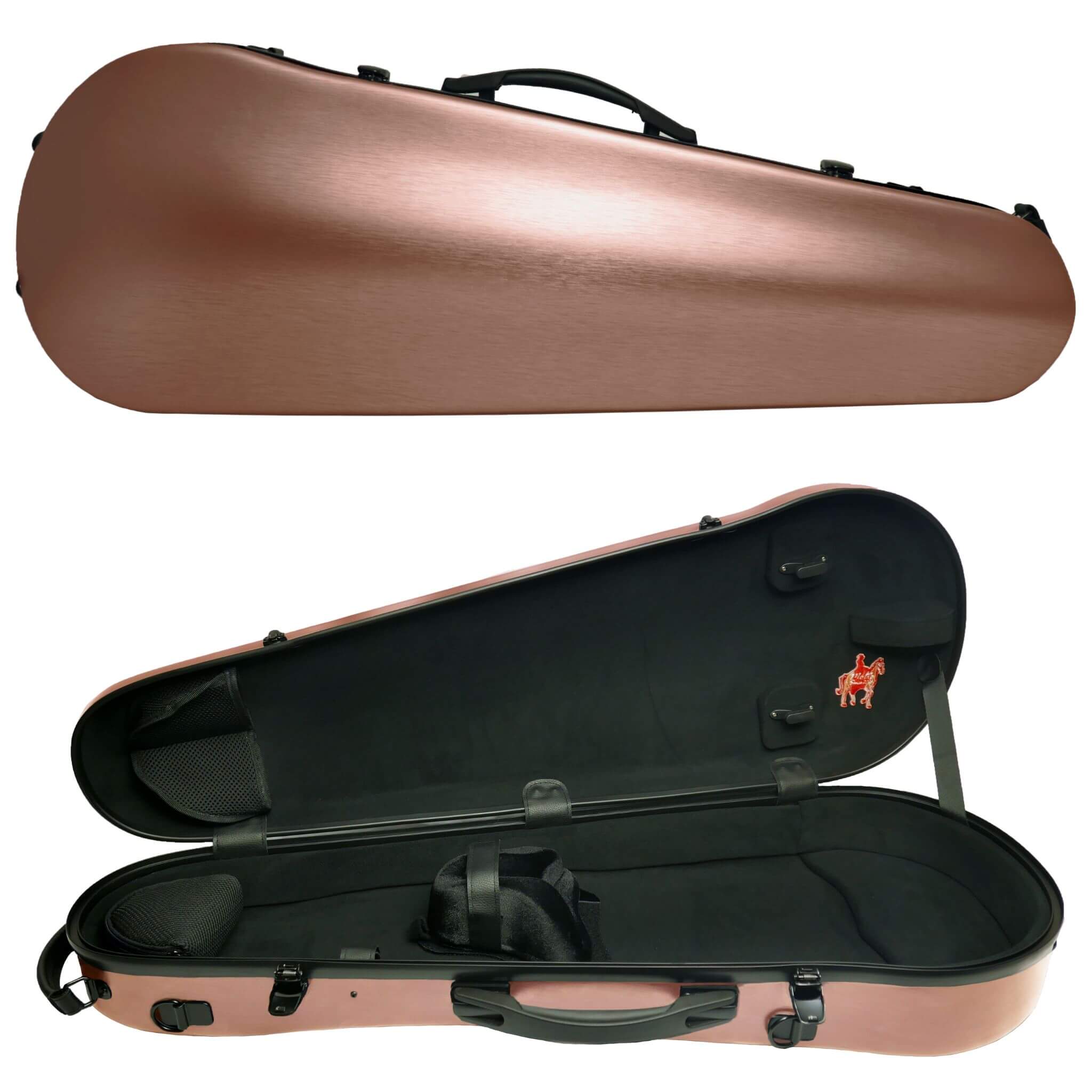 Closed and open views of a brown, contoured violin case with a black interior.