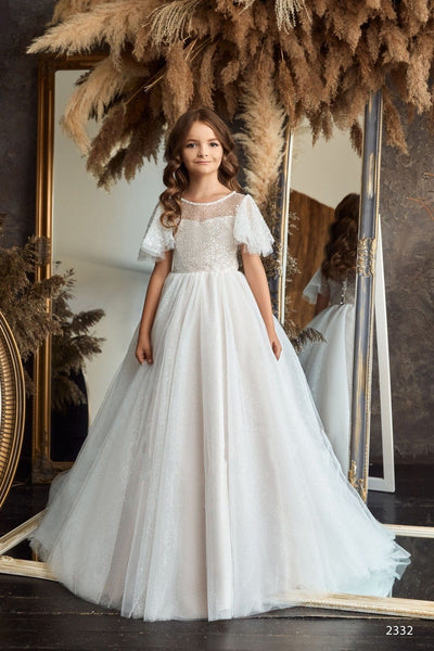 Satin First Communion Gown with Train and Virgin Mary - FirstCommunions.com