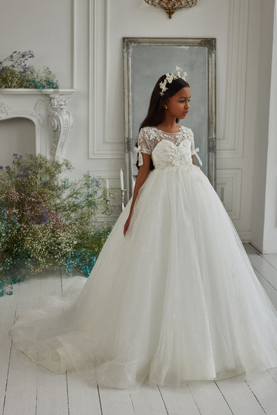 Sweetie Pie Communion Long Gown with Floral Lace Applique and Rhinesto –  Sara's Children's Boutique