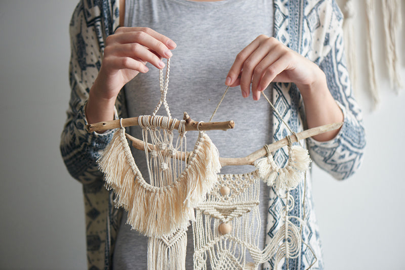 Fiber Art - Laguna Blue Silver White - Macrame Hanging String Tapestry