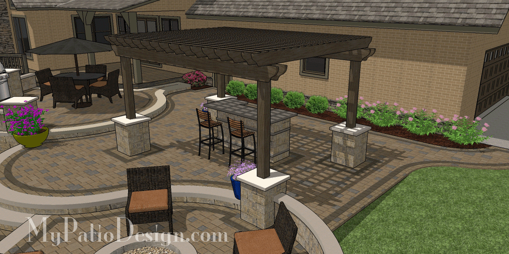 Curvy terraced patio design with pergola