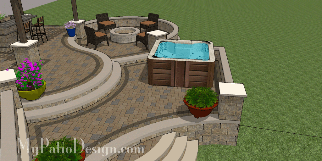 Curvy terraced patio design with hot tub