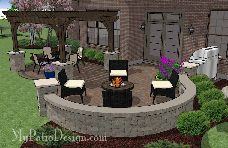 465 Sq Ft Curvy Patio Design With Seat Wall And Pergola