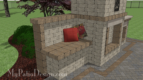 Outdoor Fireplace Design w/Wood Box and Bench 