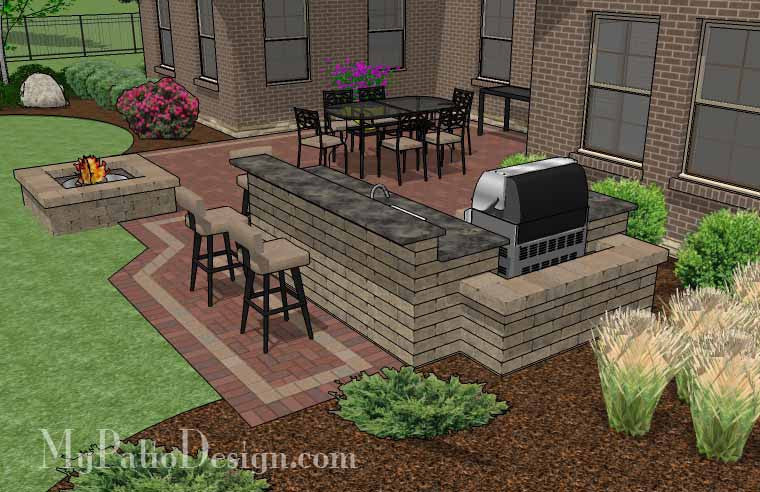 Large Courtyard Brick Patio Design with Outdoor Kitchen and Fire ...  ... Large Courtyard Brick Patio Design with Outdoor Kitchen and Fire Pit 4  ...