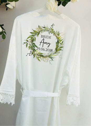 satin lace robe, bridesmaid robe. will you be my bridesmaid, bridesmaid gift, floral wreath bridesmaid robe