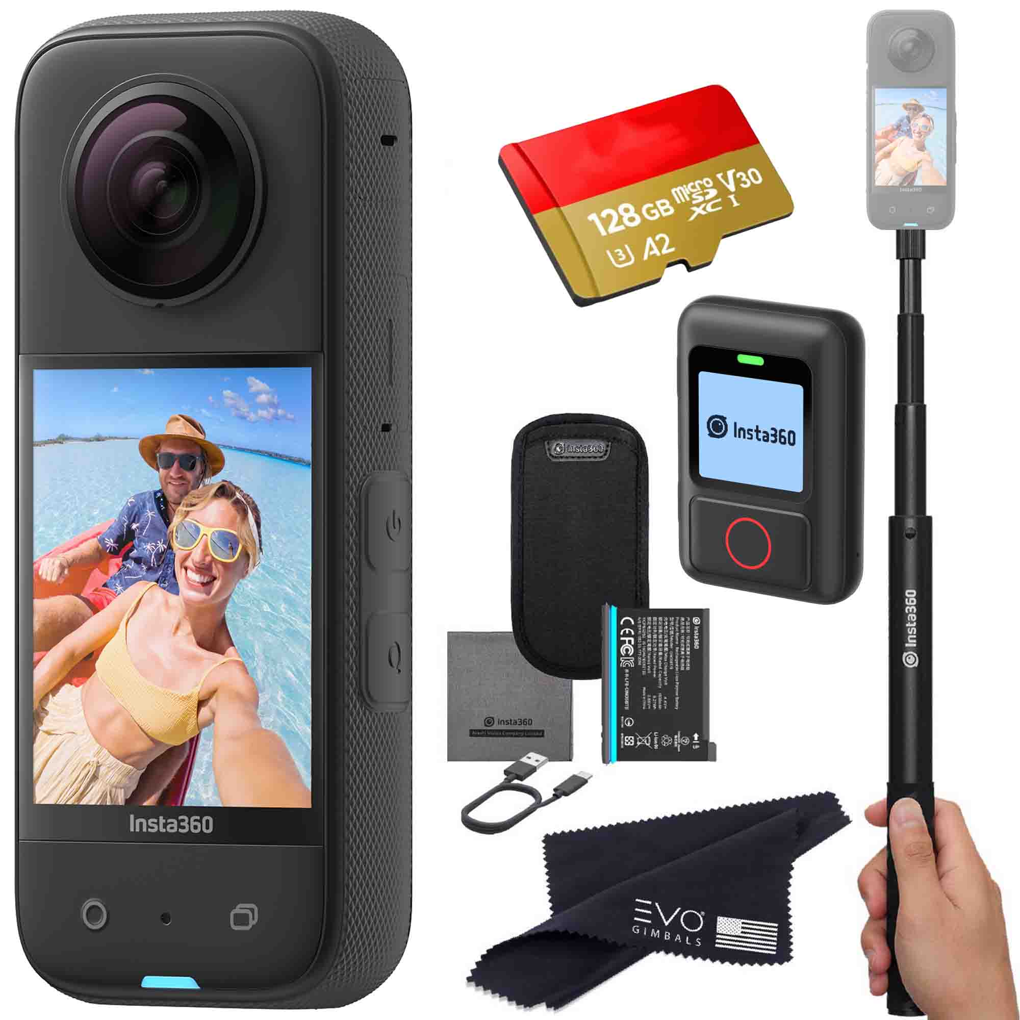 Insta360 X3 camera bundle with Invisible selfie stick, Remote & SD card