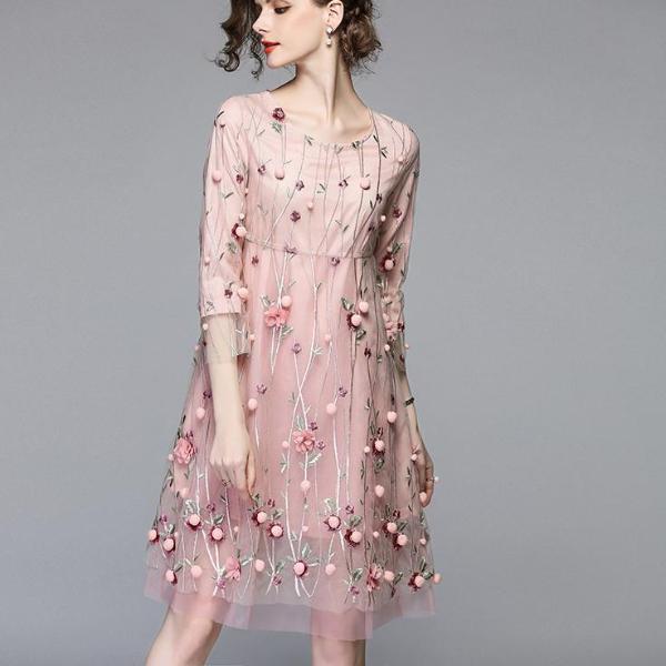 pink floral embroidered dress