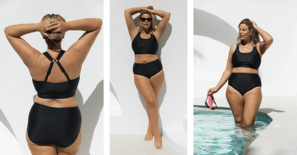 Black bikini for swimming. Plus size adjustable racerback and high waist.