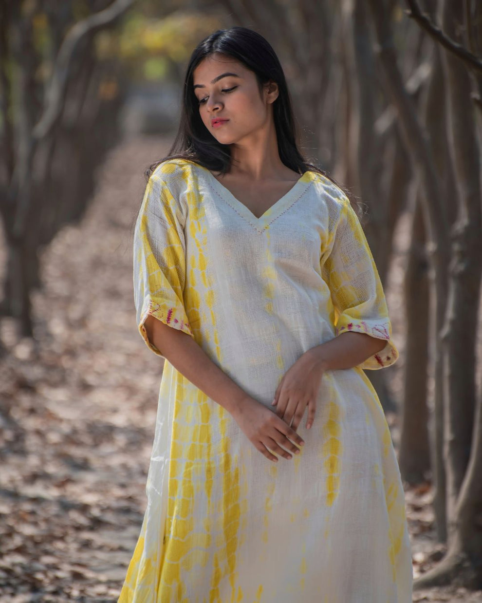 Shop cowl maxi cotton yellow dress from Bebaak