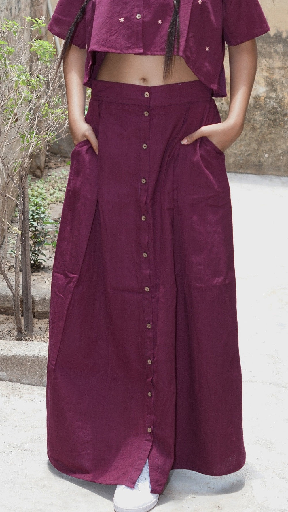 maroon button down skirt