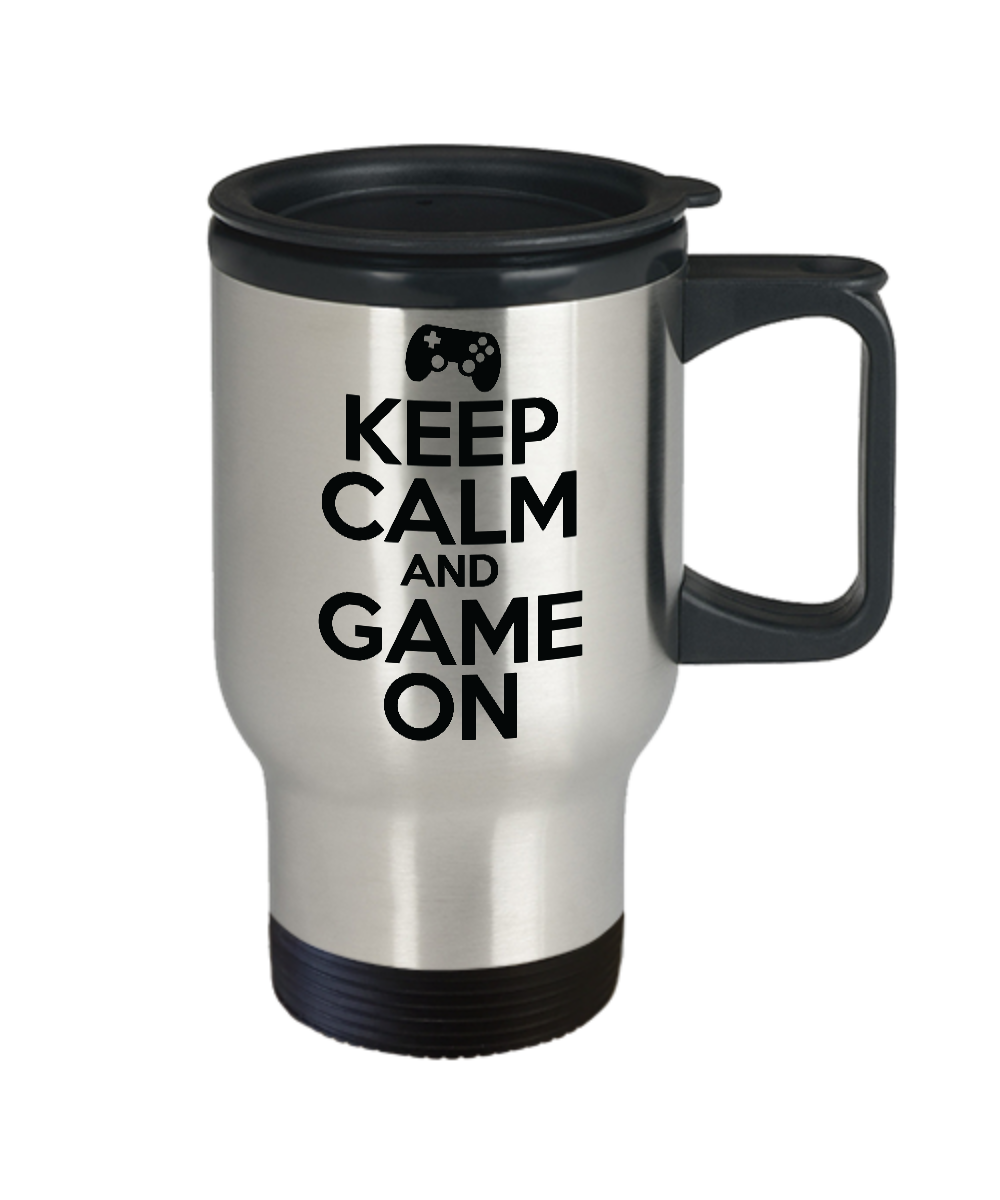 Keep calm and game on funny gift for gamer on birthday, christmas or new year 14oz travel mug