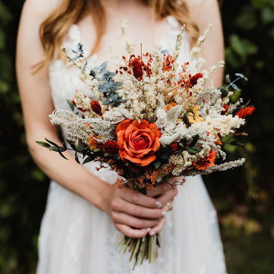 Red, Orange & Blue Gray Autumn Wedding Bouquet - Dried Flowers Forever
