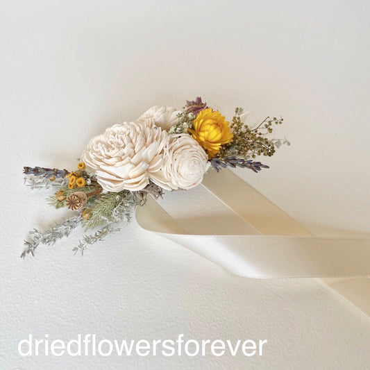 Autumn Orange & Blue Wrist Corsage - Dried Flowers Forever