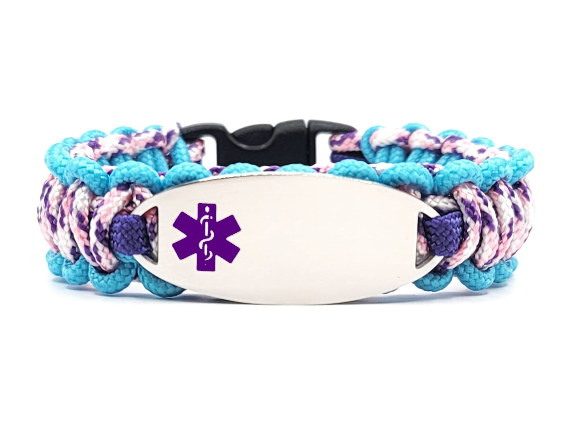 275 Paracord Bracelet with Engraved Oval Stainless Steel Medical Alert ID  Tag - Purple