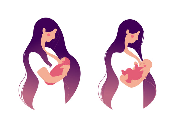 Two side-by-side illustrations of a woman breastfeeding