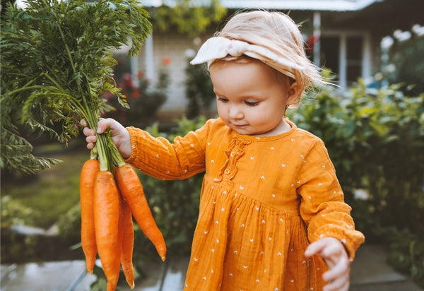 A child wearing orange, holding a bunch of carrots in one hand by their stalks