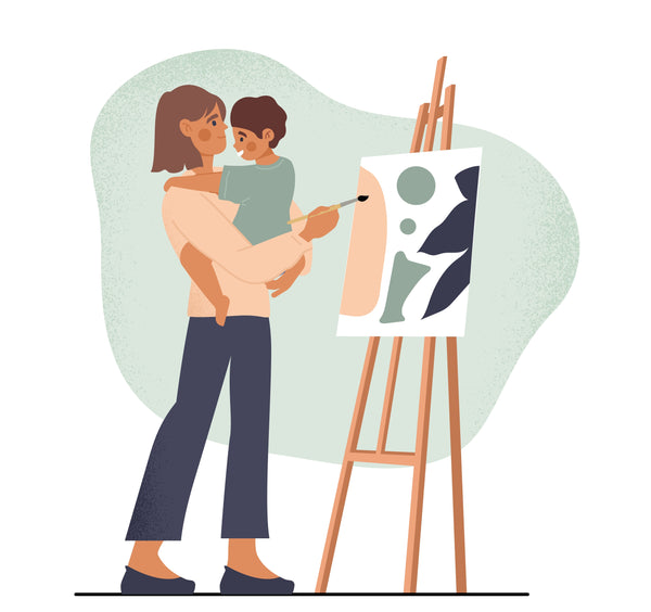 Illustration of a woman painting while holding her child