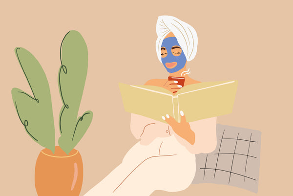 Illustration of woman with a face mask reading a book