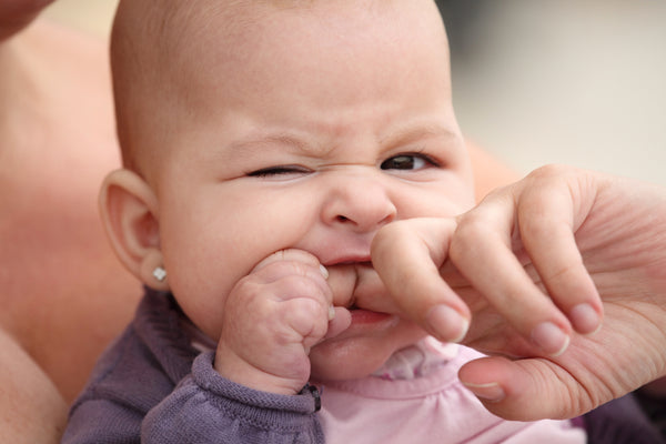 Baby biting their parent's finger