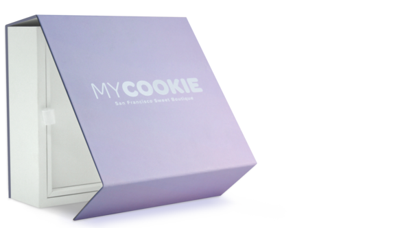 Madovar purple outside, white inside magnetic closure box with custom insert for cookies
