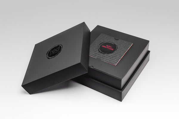 Madovar black removable lid box with custom printing and insert for Redstring