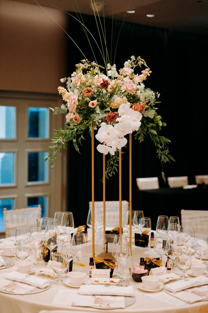 Timeless Burgundy Blush Autumn Color Wedding at Outpost Hotel - Revelry Hall. Tall VIP centerpiece