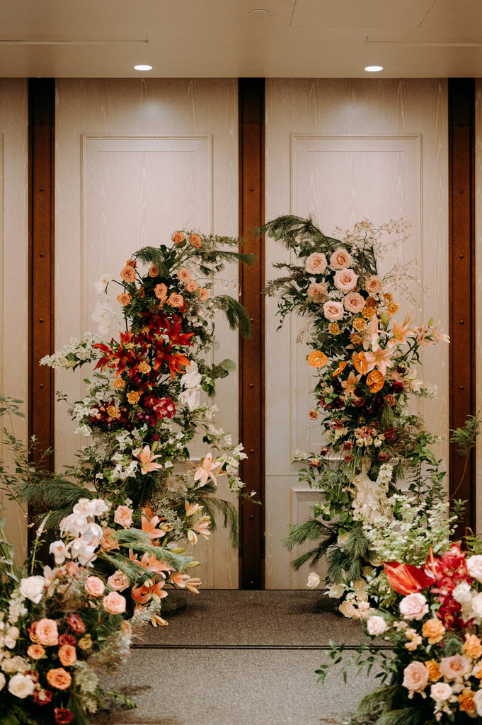 Timeless Burgundy Blush Autumn Color Wedding at Outpost Hotel - Revelry Hall. deconstructed flower arch