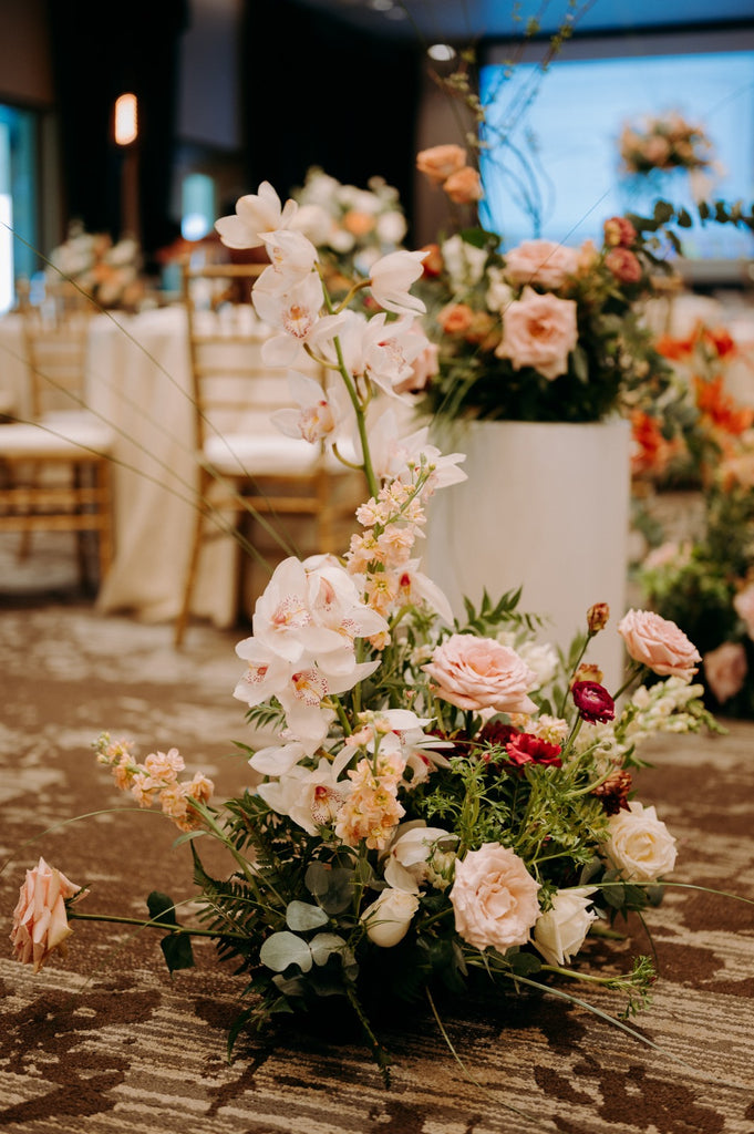 Timeless Burgundy Blush Autumn Color Wedding at Outpost Hotel - Revelry Hall. AIsle flower hedges