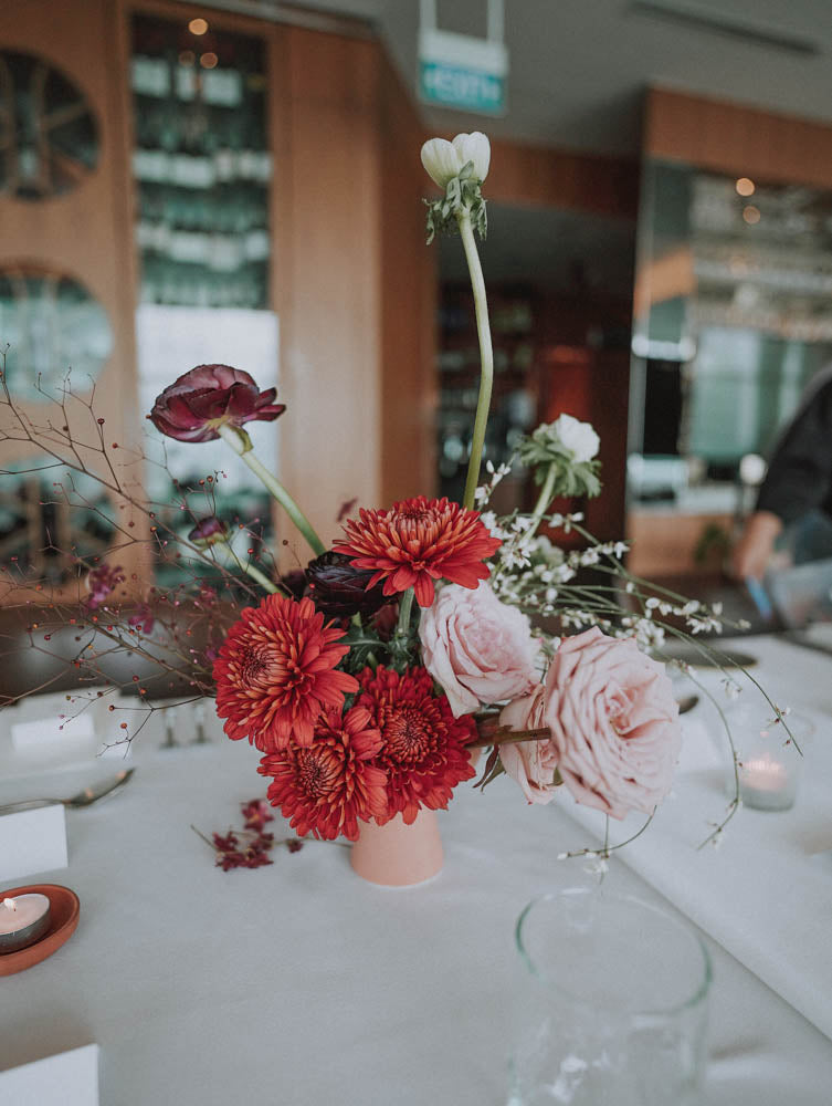 Artful Autumnal Color Palette Table Floral Centerpiece at Artemis Singapore Wedding