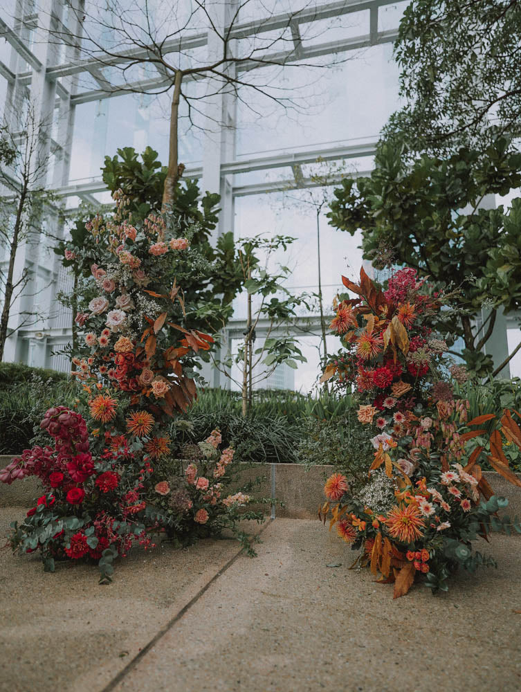 Artful Autumnal Color Palette Deconstructed Flower Arch at Artemis Singapore Wedding