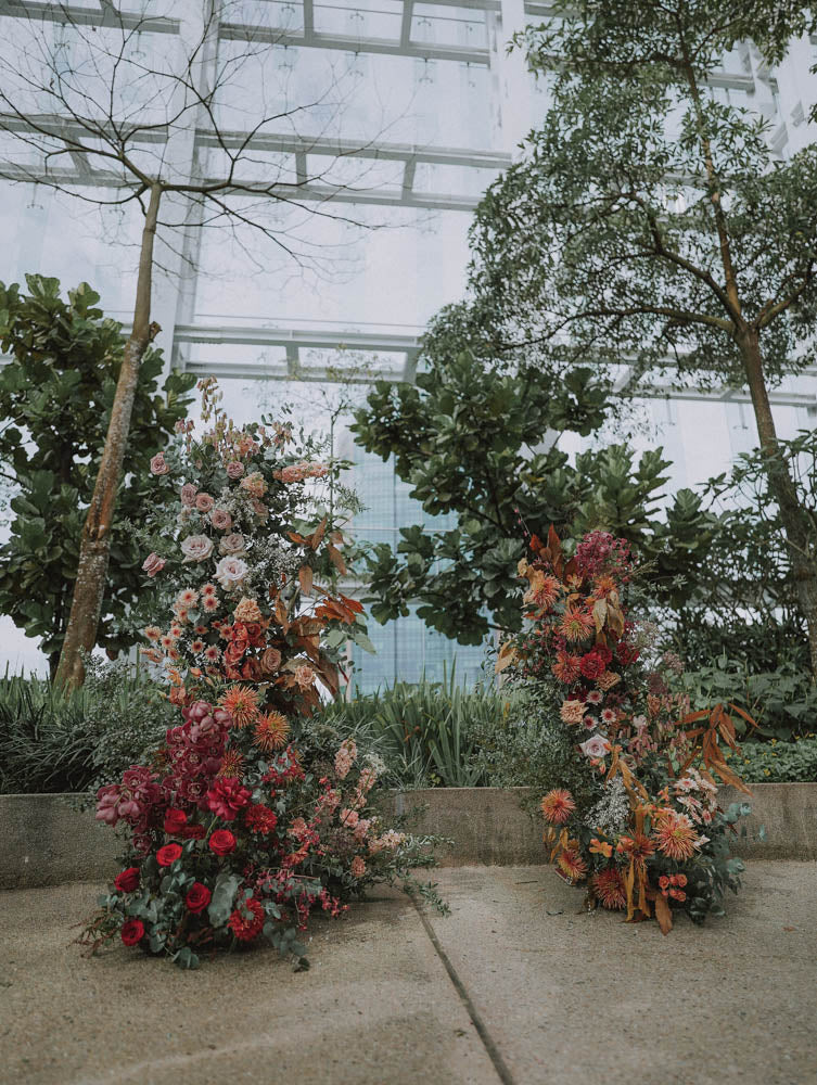 Artful Autumnal Color Palette Deconstructed Flower Arch at Artemis Singapore Wedding