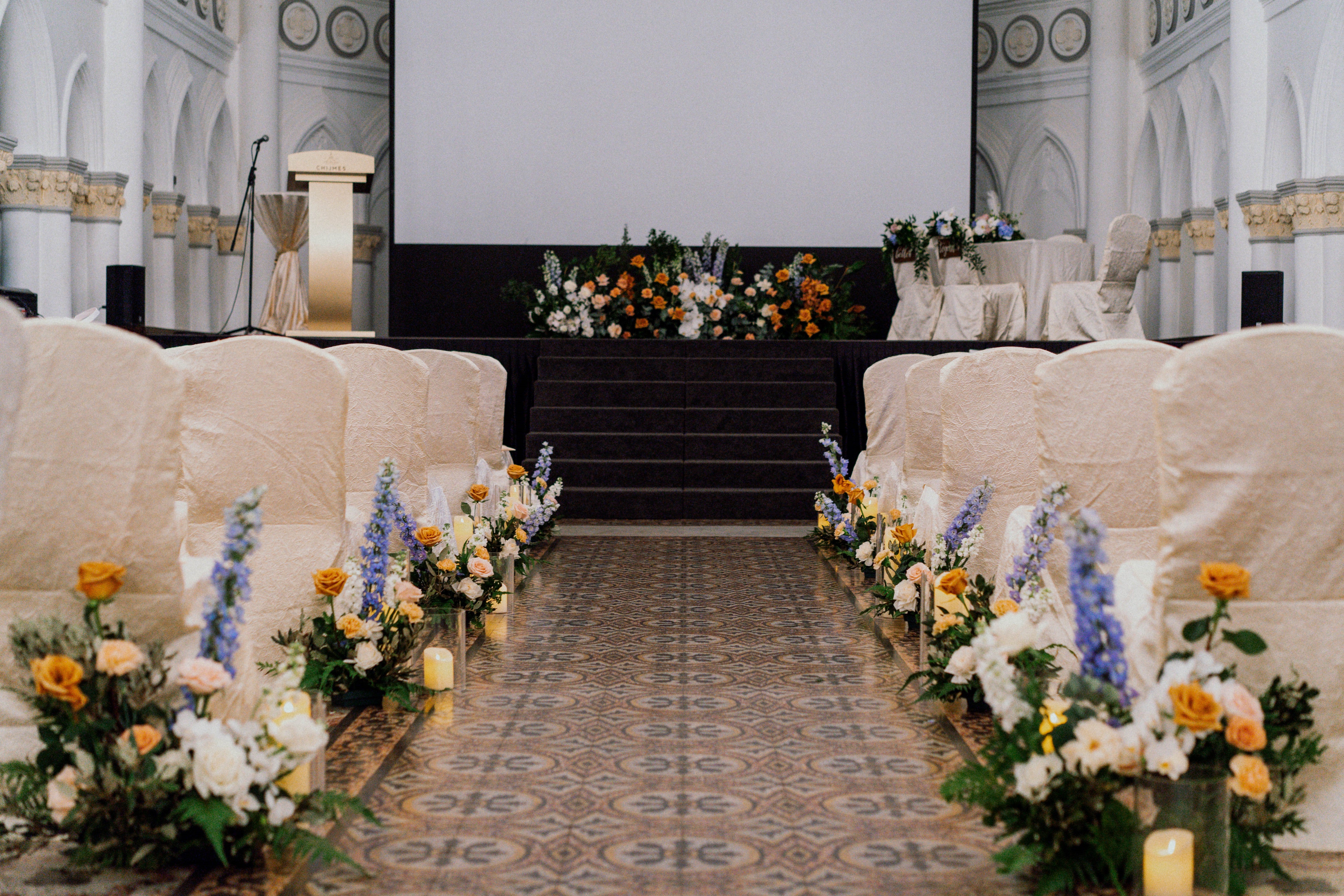 Wedding aisle decoration flower hedges flower aisle divider Singapore COVID regulations at CHIJMES Hall wedding ceremony