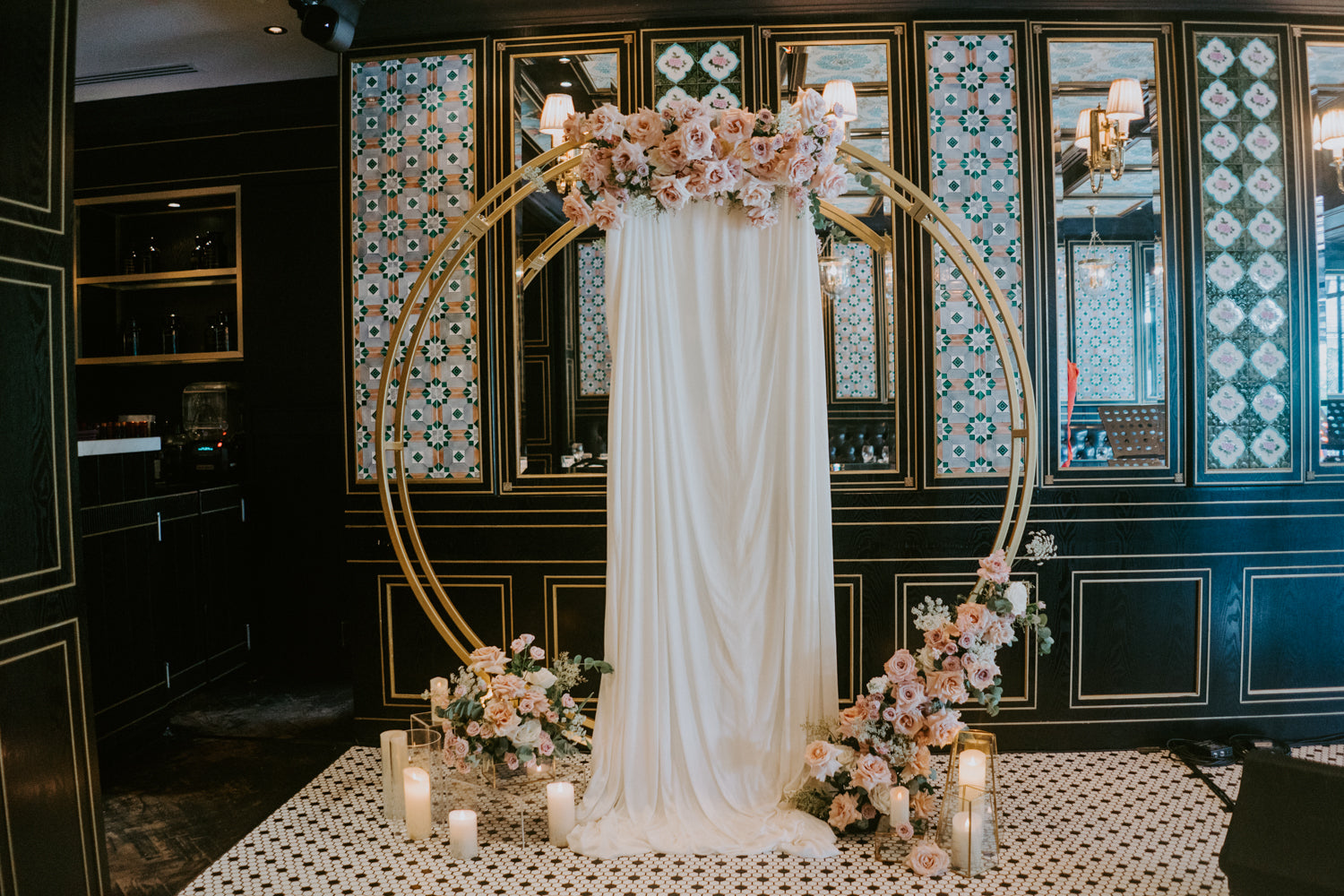 Large gold metal circle arch as seen on Pinterest as backdrop for surprise proposal decor in Singapore restaurant