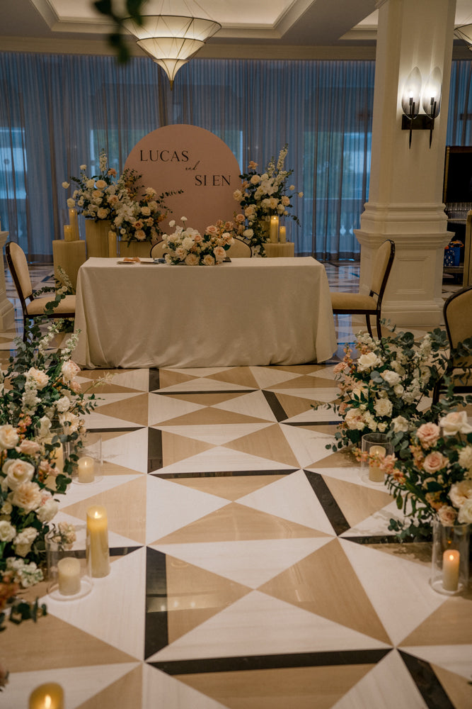 Enchanting floral hedges lining the aisle of the solemnization ceremony