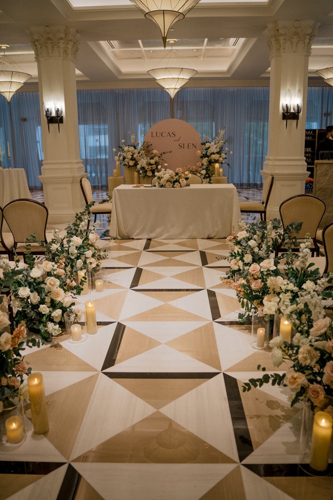 Enchanting floral hedges lining the aisle of the solemnization ceremony