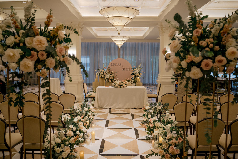 Enchanting floral hedges lining the aisle of the solemnization ceremony