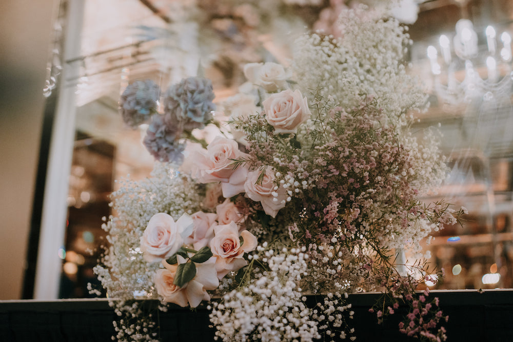 Pastel Poufs Floral Installation with Roses, Hydrangeas and Baby's Breath for a St Regis Wedding Singapore