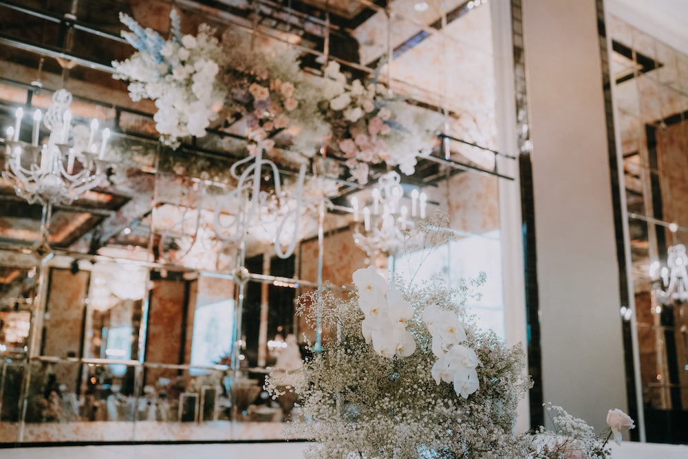 Pastel Poufs Floral Installation with Roses, Hydrangeas and Baby's Breath for a St Regis Wedding Singapore