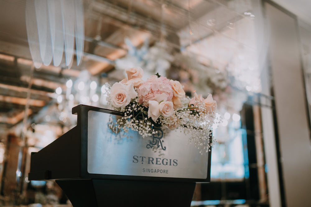 Pastel Poufs Floral Installation with Roses, Hydrangeas and Baby's Breath for a St Regis Wedding Singapore