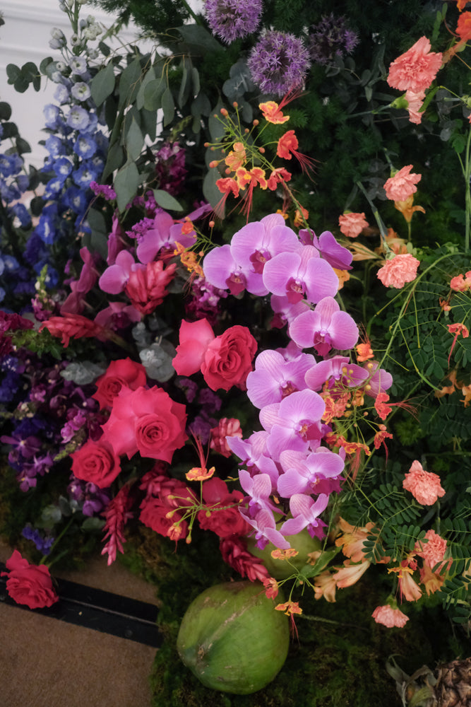 Vibrant tropical floral installation at Straits Room Ballroom at Fullerton Hotel