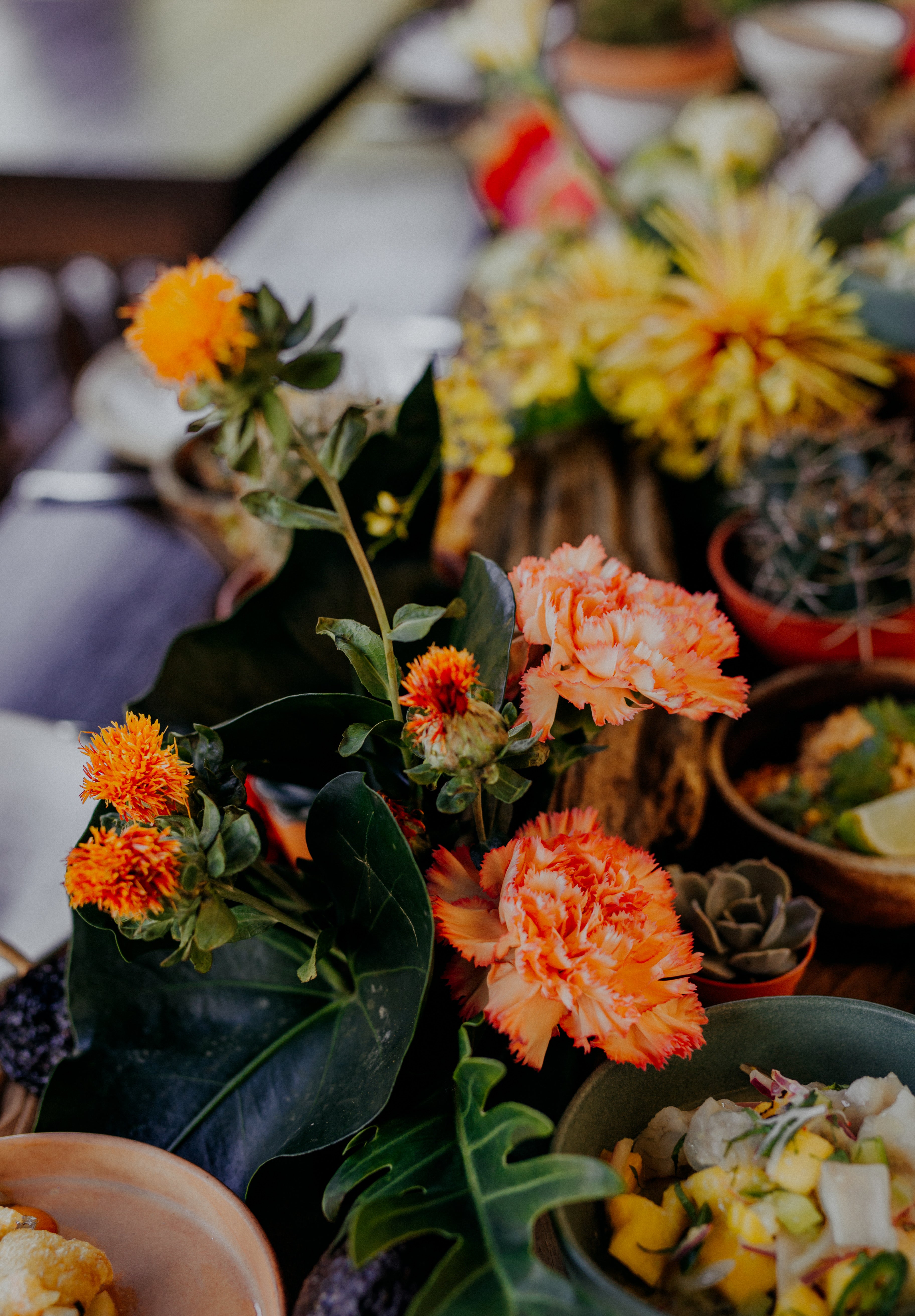 Close up of table arrangement flowers on wedding tables decoration