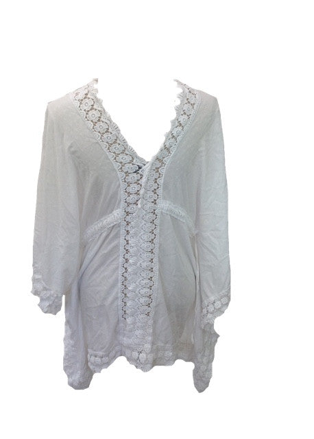 Sienna Lace Cotton Kimono in White Made In Italy By Feathers Of Italy