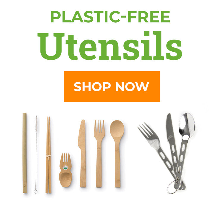 Plastic-Free Utensils banner featuring bamboo and stainless steel utensils