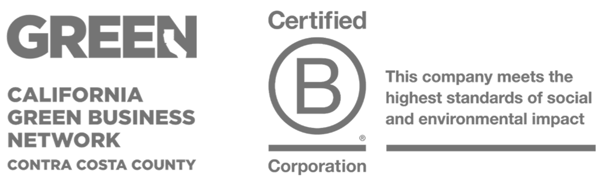 California Green Business, B-Corp, Woman Owned, Planet Centric Shipping, Plastic Free, and CO2 Offset Logos