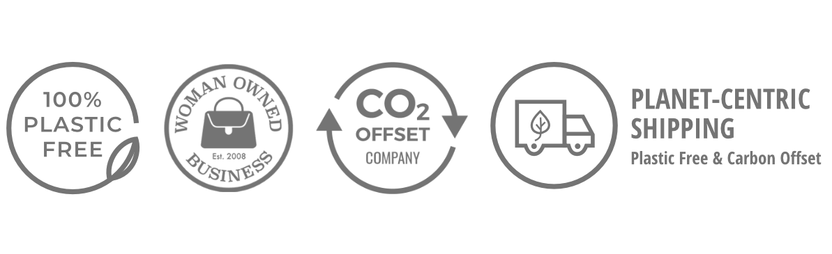 California Green Business, B-Corp, Woman Owned, Planet Centric Shipping, Plastic Free, and CO2 Offset Logos