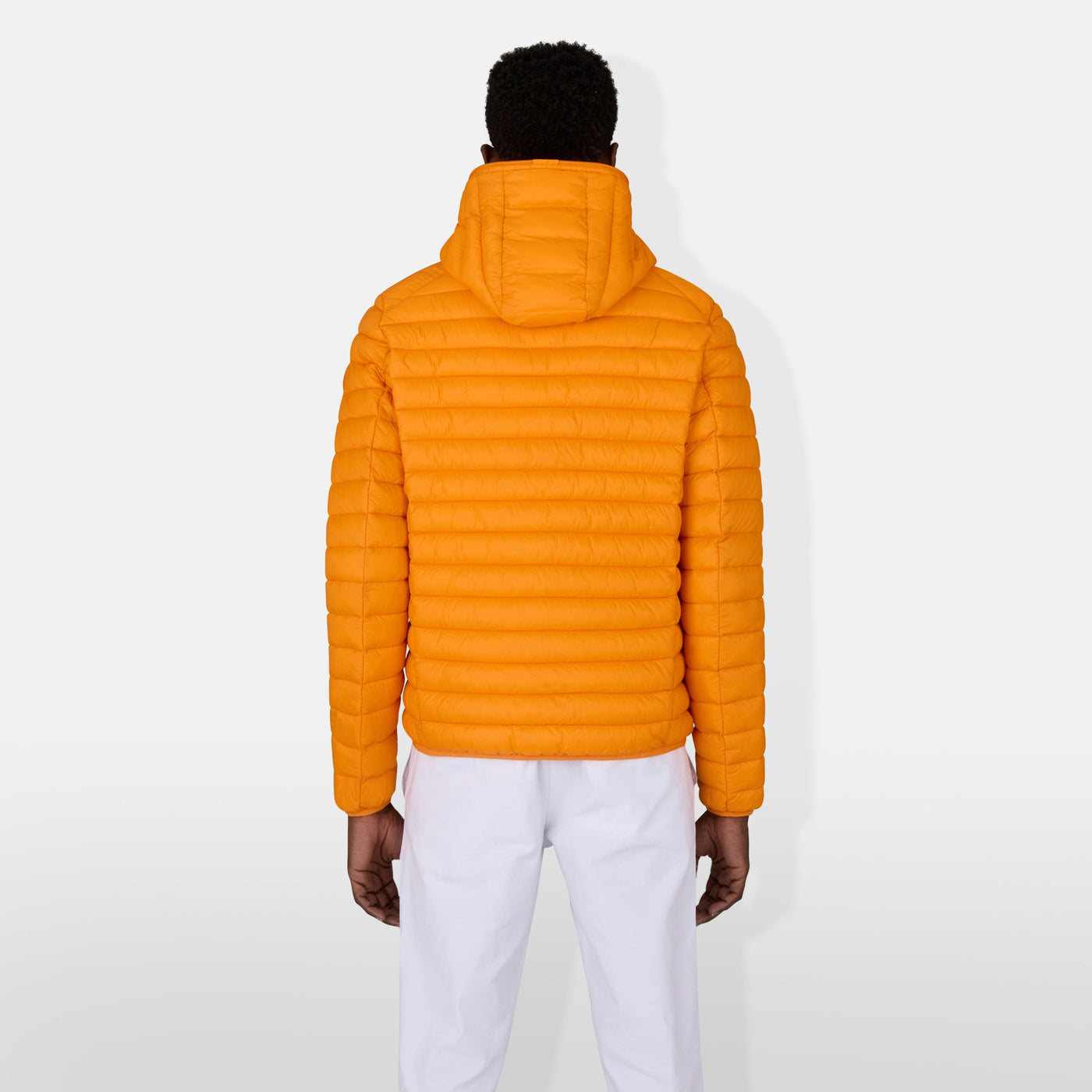 Model Back View of Men's Donald Hooded Puffer Jacket in Solar Orange