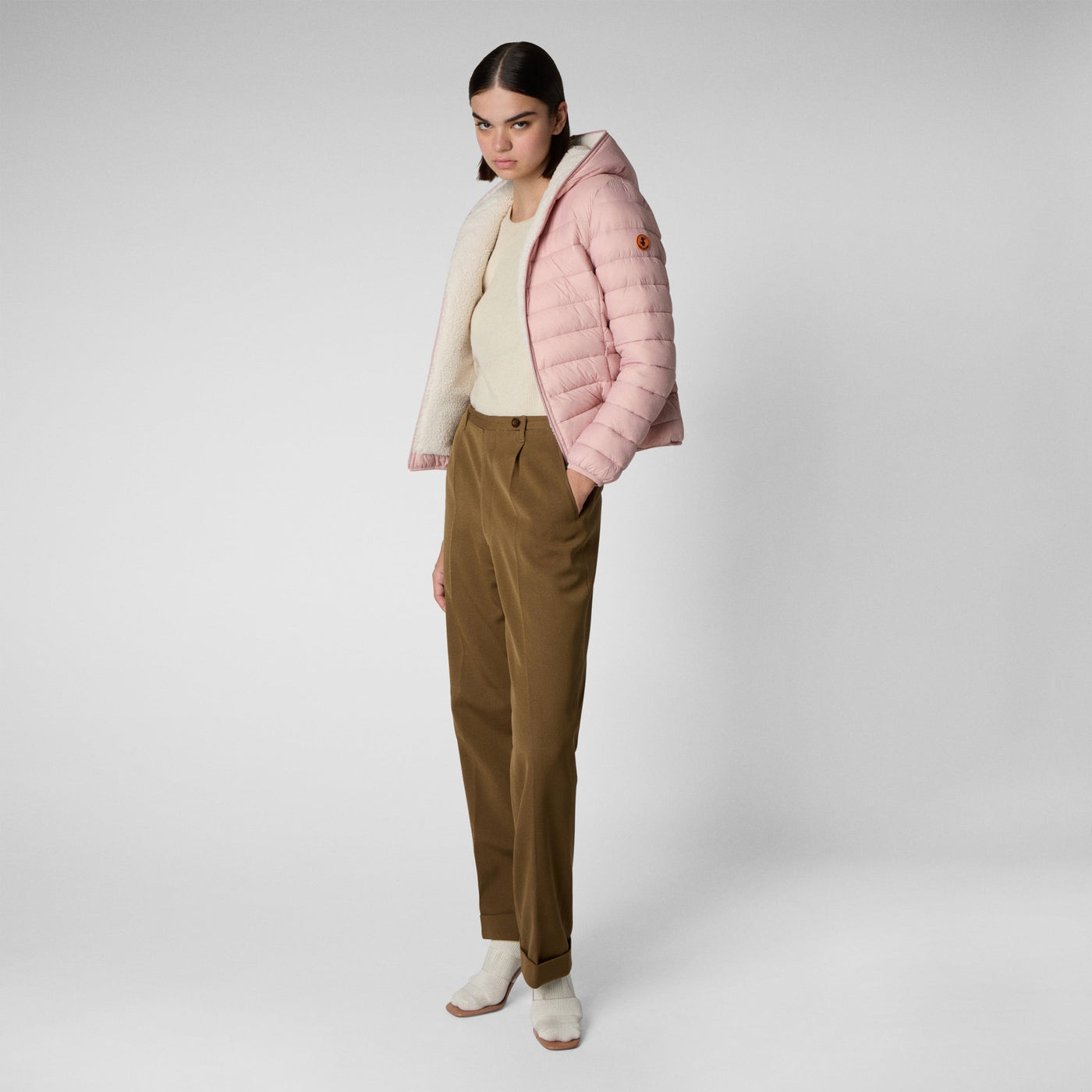 Model Front Open View of Women's Gwen Faux Fur Lined Hooded Puffer Jacket in Blush Pink