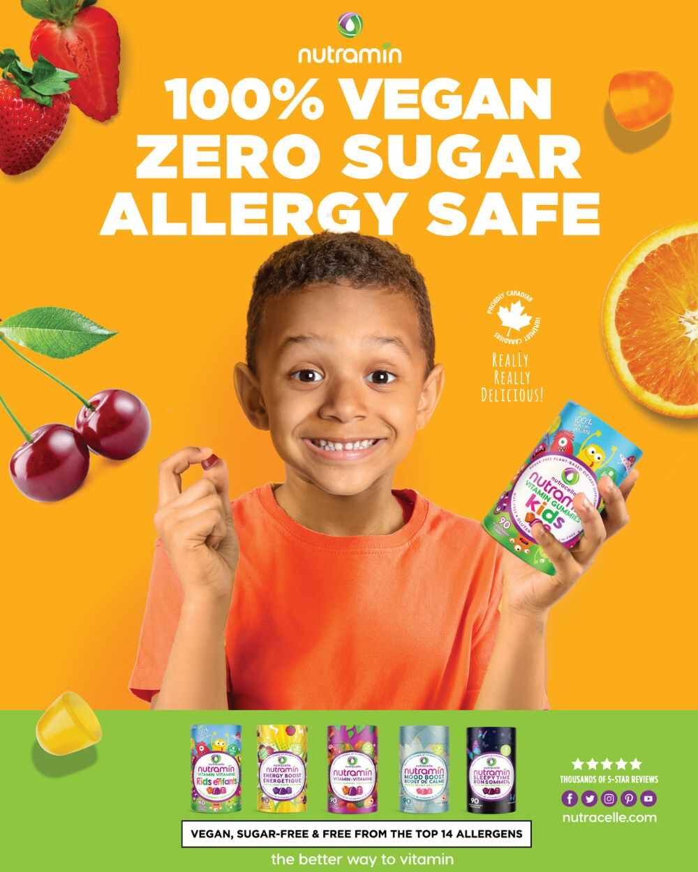 a happy kid is holding a bottle of nutramin vitamin gummies in front of a colorful background stating 100% vegan, zero sugar, allergy safe